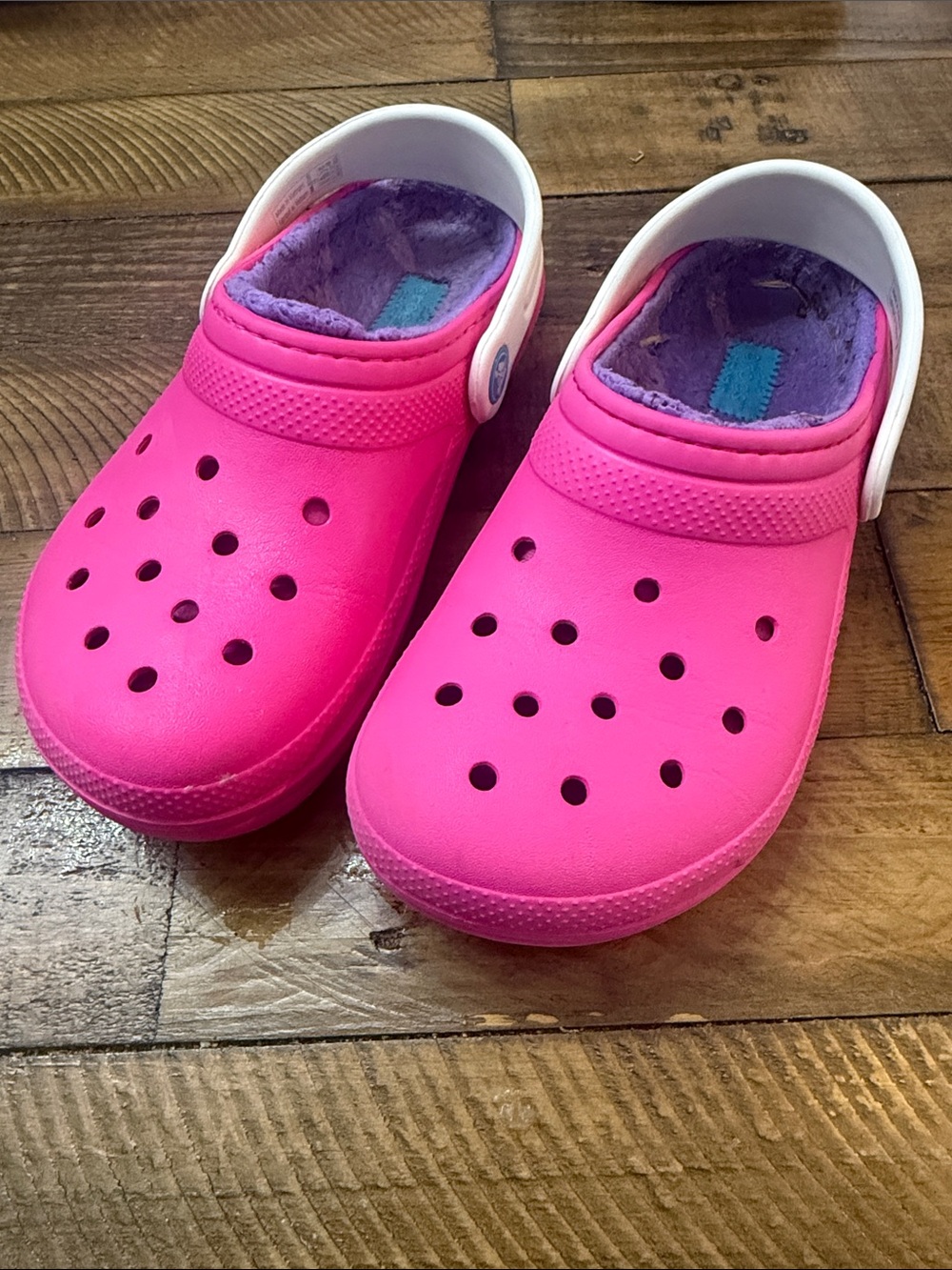 CROCS Kids Pink Clog Sandals with Purple Plush Lining